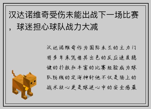 汉达诺维奇受伤未能出战下一场比赛，球迷担心球队战力大减