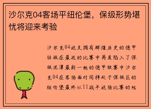 沙尔克04客场平纽伦堡，保级形势堪忧将迎来考验