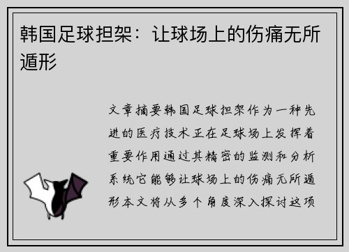 韩国足球担架：让球场上的伤痛无所遁形
